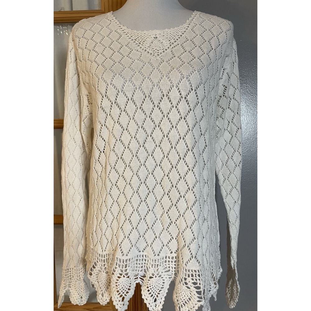 90s Midnight Velvet Diamond Pattern Knit Sweater XL White Scalloped Crochet Trim